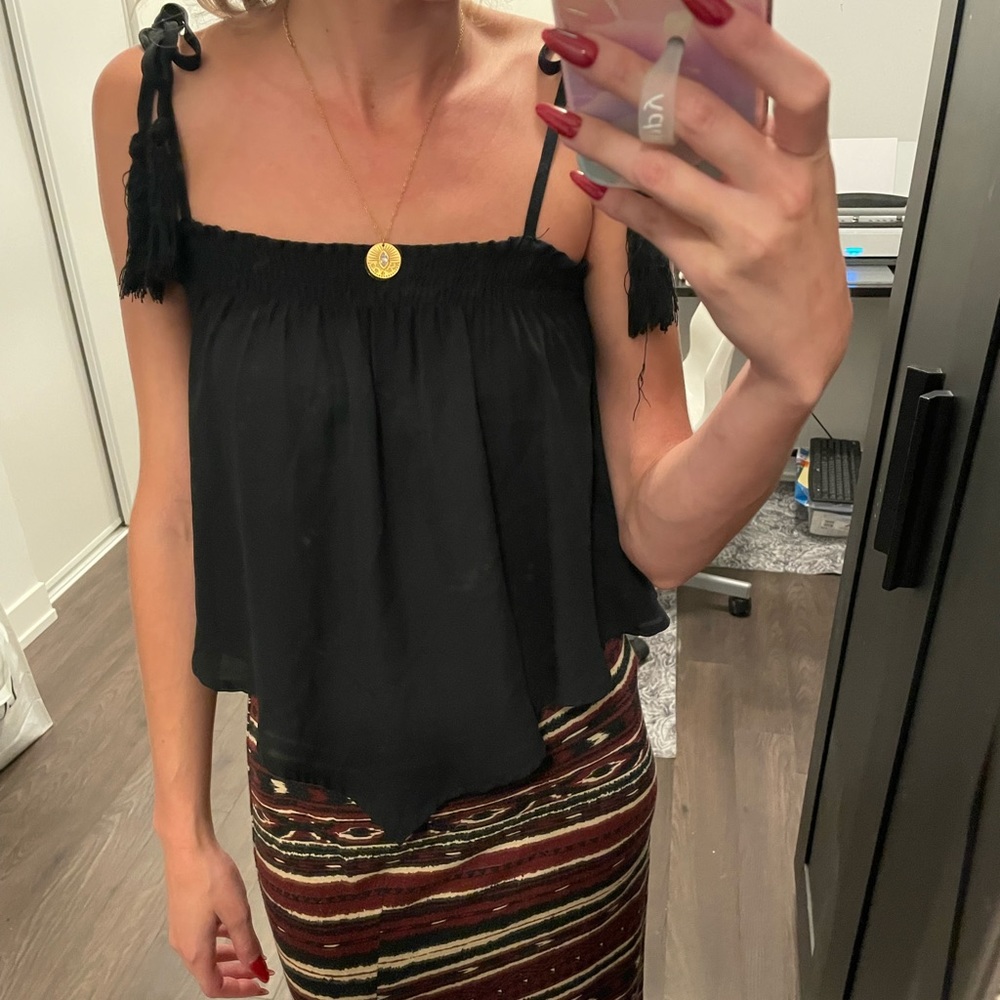 Bohemian Black Flowy Tank with Tie Straps - Embrace Effortless Boho Chic!